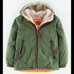 Mini Boden Boys Coat 6-7 Green Sherpa Lined Hood Zipper Front